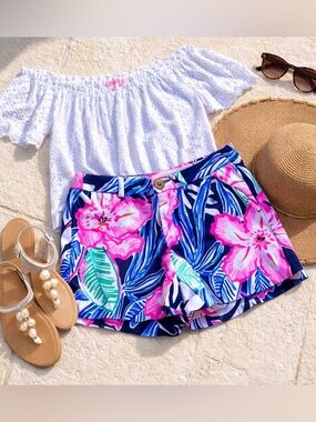 Lilly Pulitzer Callahan Knit Shorts Size 0 Blue Pink Tropical Floral